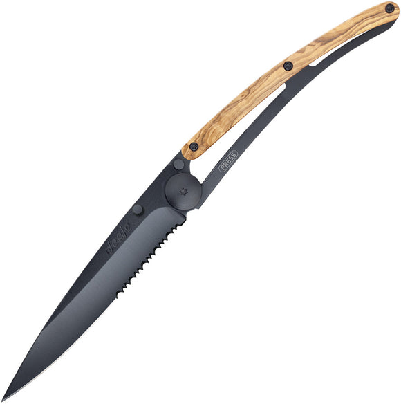Deejo Linerlock 37g Olive Wood Partially serrated Folding Pocket Knife 1gb501