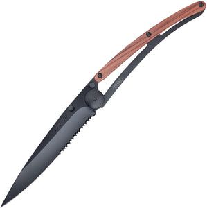 Deejo Linerlock 37g Black Serrated Folding Blade Padauk Wood Handle Knife 1GB505