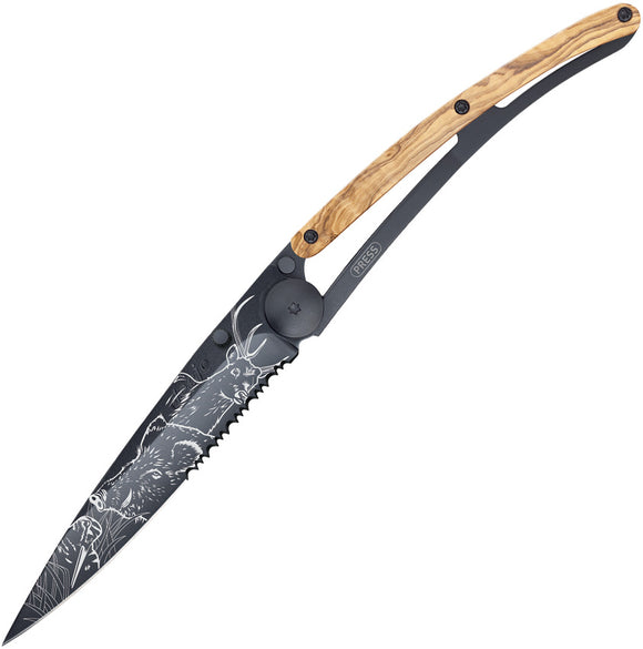 Deejo Tattoo Linerlock 37g Hunting Olive Wood Folding Pocket Knife 1gb512