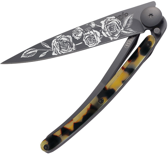 Deejo Tattoo Linerlock 37g Roses Design Faux Tortoise Shell Folding Pocket Knife 1GC205