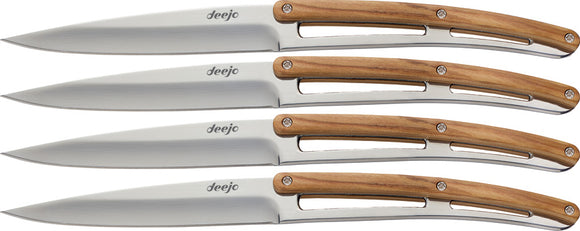 Deejo Set of 4 Steak Fixed Mirror Finish Blade Olive Wood Handle Knives 4AB001