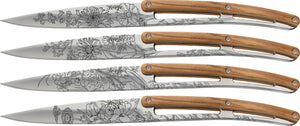 Deejo 4pc Olive Wood Blossom Tattoo Mirror Finish Fixed Steak Knife Set 4AB010