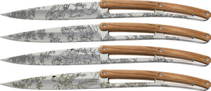 Deejo Set of 4 Steak Fixed Mirror Toile De Jouy Blade Olive Wood Knives 4AB011