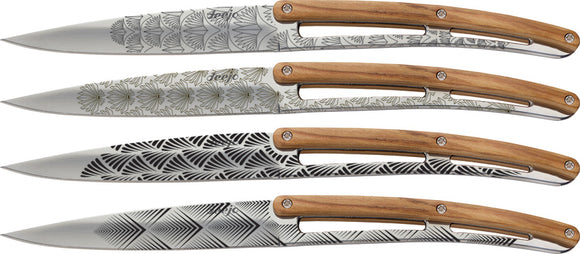 Deejo Set of 4 Steak Fixed Art Deco Tattoo Blade Olive Wood Handle Knives 4AB012