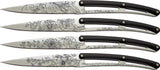 Deejo 4pc Bistro Tattoo Blossom Fixed Blade Black Handle Steak Knife Set 4AP010