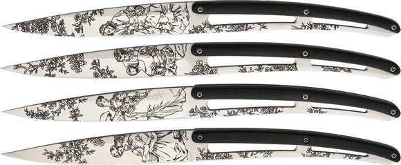 Deejo Set of 4 Steak Fixed Toile De Jouy Blade Paperstone Handle Knives 4AS021