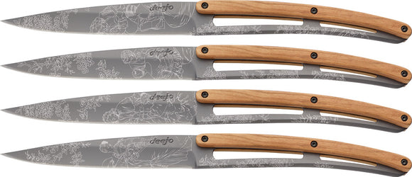 Deejo Set of 4 Steak Fixed Titanium Toile De Jouy Blade Olive Wood Knives 4FB011