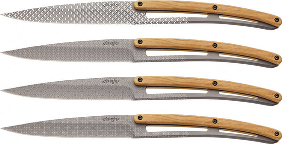 Deejo Steak Knives Set of 4 Geometry Tattoo Olive Wood Titanium Stainless 4FB013