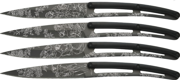 Deejo 4pc Toile De Jouy Bistro Tattoo Fixed Blade Black Steak Knife Set 4FP011