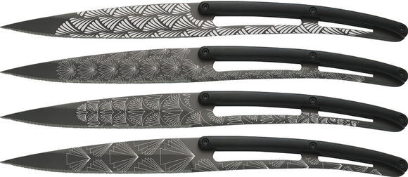 Deejo 4pc Bistro Art Deco Tattoo Blade ABS Noir Black Steak Knife Set 4FP012