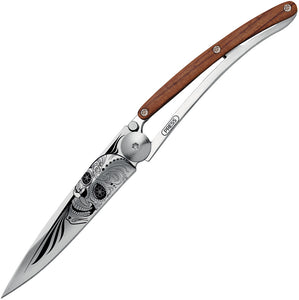 Deejo 27g Linerlock Skull Tattoo Folding Blade Padauk Wood Handle Knife 9AB024