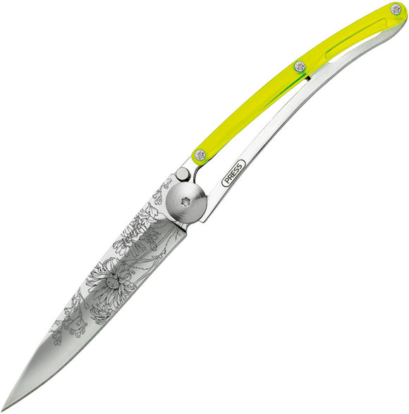 Deejo Tattoo 27g Yellow Handle Blossom Folding Stainless Blade Knife 9AP022