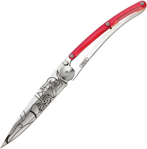 Deejo Tattoo 27g Red Handle Pin Up Folding Stainless Mirror Blade Knife 9AP024