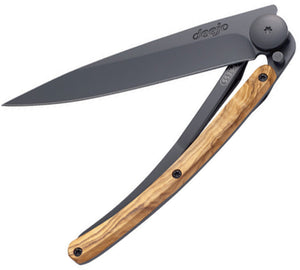 Deejo Black Titanium Coated 27g Linerock Olive Wood Handle Folding Knife 9GB001