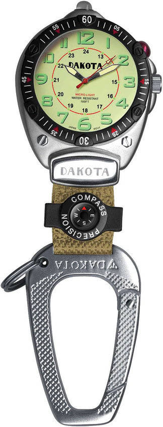 Dakota Big Face Silver Survival Pack Clip Watch & Green Fob w/ Compass 8853