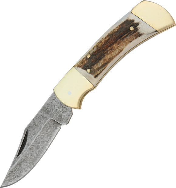 Damascus Lockback Pocket Knife Brown & White Stag Folding Clip Point Blade 1019