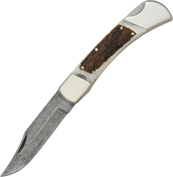Damascus Lockback Pocket Knife Brown & White Stag Folding Clip Point Blade 1020