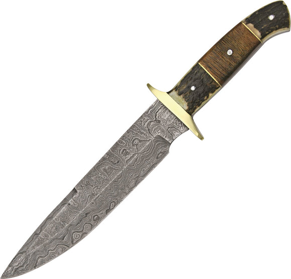 Damascus Plainsman Fixed Blade Knife Brown/Black Stag Damascus Bowie 1044