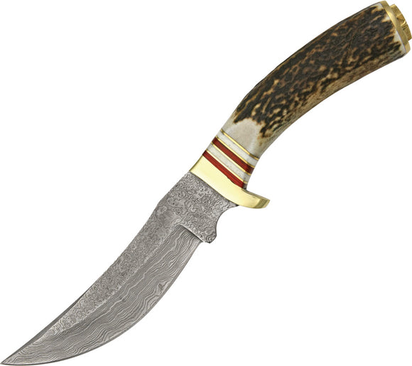 Damascus Mountain Hunter Fixed Blade Knife Stag Damascus Clip Point Blade 1045