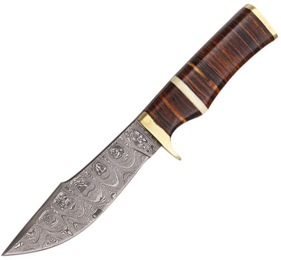 Damascus Hunter Brown Stacked Leather Damascus Fixed Blade Knife 1066