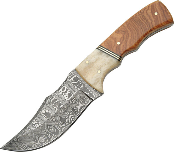 Damascus Hunter Fixed Blade Knife Olive Wood & Bone Clip Point w/ Sheath 1079