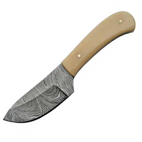 Damascus Skinner Fixed Blade Knife White Smooth Bone Skinner Blade 1080BO