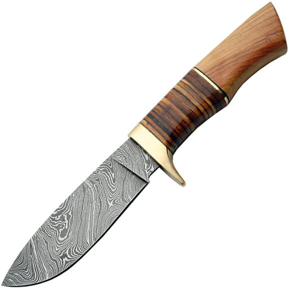 Damascus Hunter Fixed Blade Knife Stacked Leather & Olive Wood w/ Sheath 1100