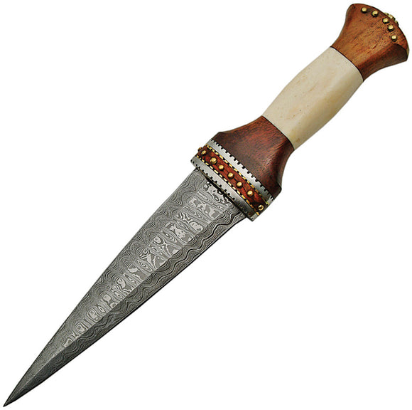 Damascus Dirk Fixed Blade Knife Brown Rosewood & Bone Double Edge Dagger 1114