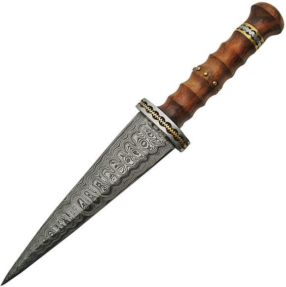 Damascus Dirk Fixed Blade Knife Rosewood Double Edge Dagger w/ Belt Sheath 1115