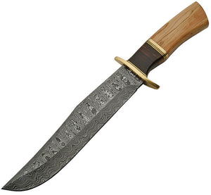 Damascus Olive Fixed Blade Knife Wood Damascus Steel Large Bowie Point 1132