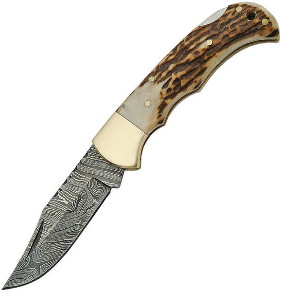 Damascus Lockback Pocket Knife Brown Stag Bone Folding Clip Point Blade 1161