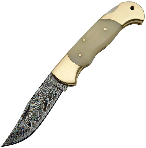 Damascus Lockback Pocket Knife White Smooth Bone Folding Clip Point Blade 1162BO