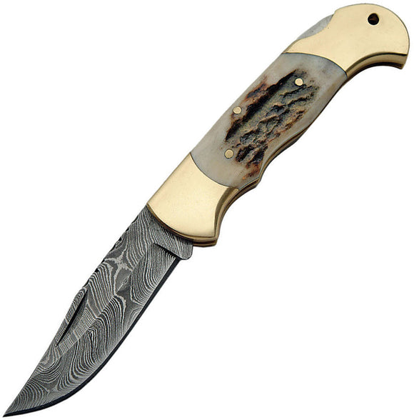 Damascus Lockback Pocket Knife Brown Stag Bone Folding Clip Point Blade 1162SG