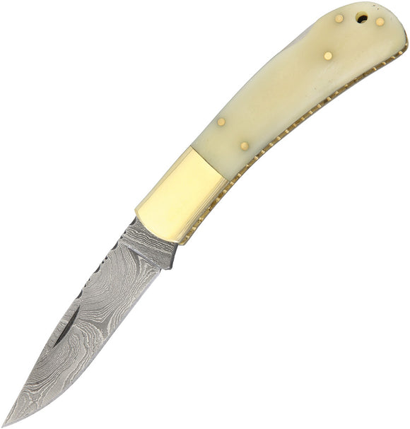Damascus Lockback Pocket Knife White Smooth Bone Folding Clip Point Blade 1167