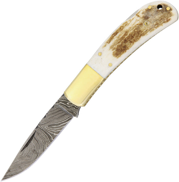 Damascus Lockback Pocket Knife Brown Stag Bone Folding Drop Point Blade 1168