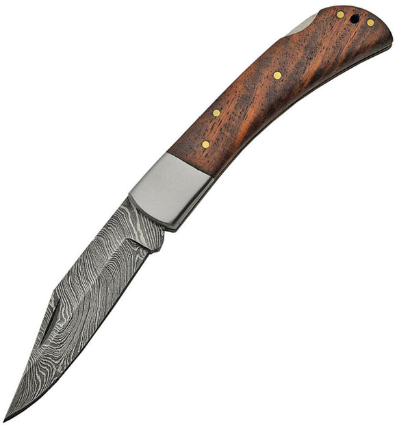Damascus Lockback Pocket Knife Brown Wood Folding Clip Point Blade 1180