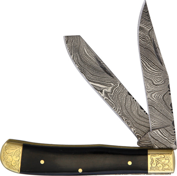 Damascus Trapper Buffalo Horn Folding Pocket Knife 1181HN
