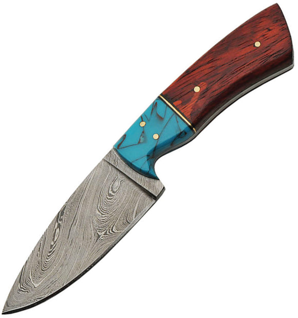 Damascus Red Wood & Turquoise Damascus Steel Fixed Blade Knife 1187