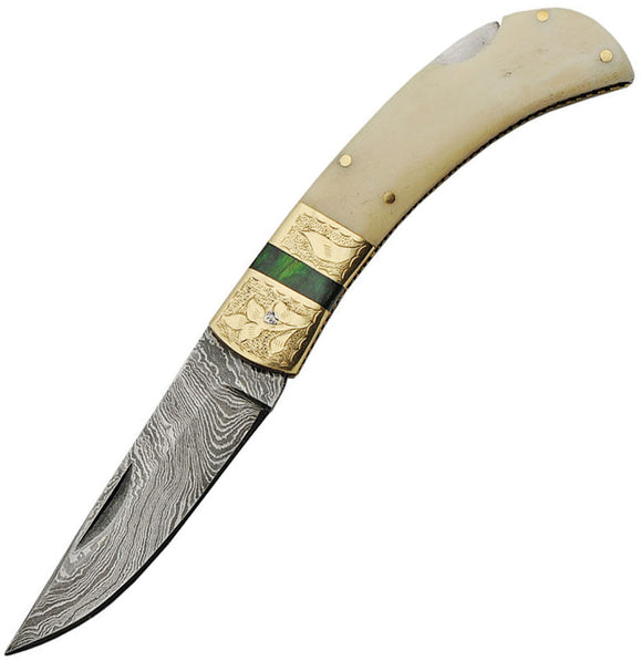 Damascus Lockback Pocket Knife White Smooth Bone Folding Clip Point Blade 1199