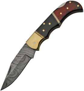 Damascus Steel Lockback Wood & Buffalo Horn Folding Knife 1214