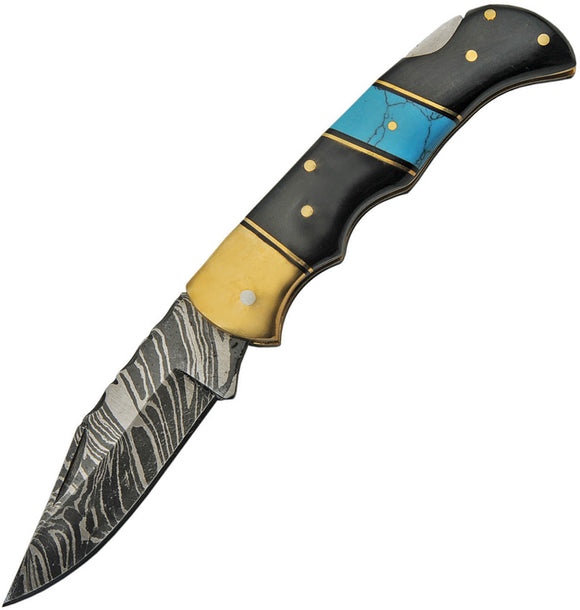 Damascus Lockback Horn/Turqoise Folding Pocket Knife w/ Sheath 1215