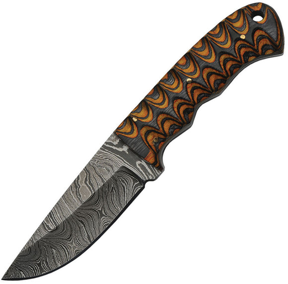 Damascus Orange/Brown Twisted Wood Hunter Fixed Blade Knife w/ Sheath 1218