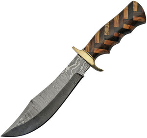 Damascus Braided Hunter Walnut/Olive Wood Clip Point Fixed Blade Knife 1220
