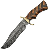 Damascus 12" Checkered Wood Brass Guard Bowie Knife + Leather Sheath 1221
