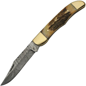 Damascus Stag Clip Point Folding Pocket Knife 1223SG