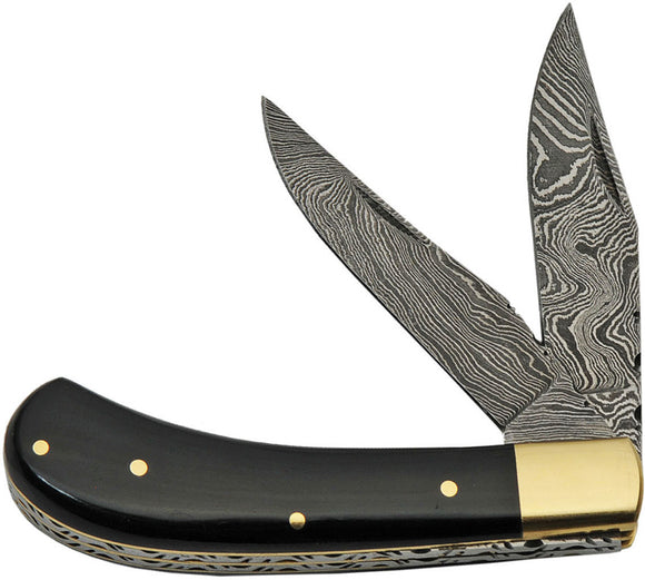 Damascus Trapper Horn Black Folding Pocket Knife 1224HN