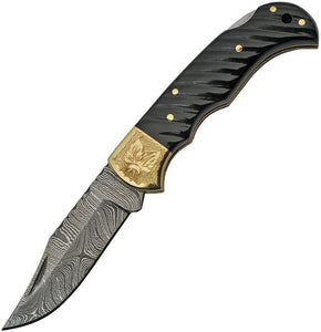 Damascus Buffalo Horn Lockback Black Clip Point Folding Pocket Knife 1225