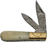Damascus Camel Bone & Engraved Bolster Barlow Folding Knife 1226