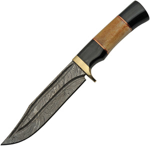 Damascus 11" Bone and Horn Hunter Knife + Leather Sheath 1228