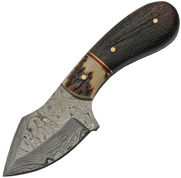 Damascus Skinner Jigged Wood/Stag Fixed Blade Knife w/ Leather Sheath 1229